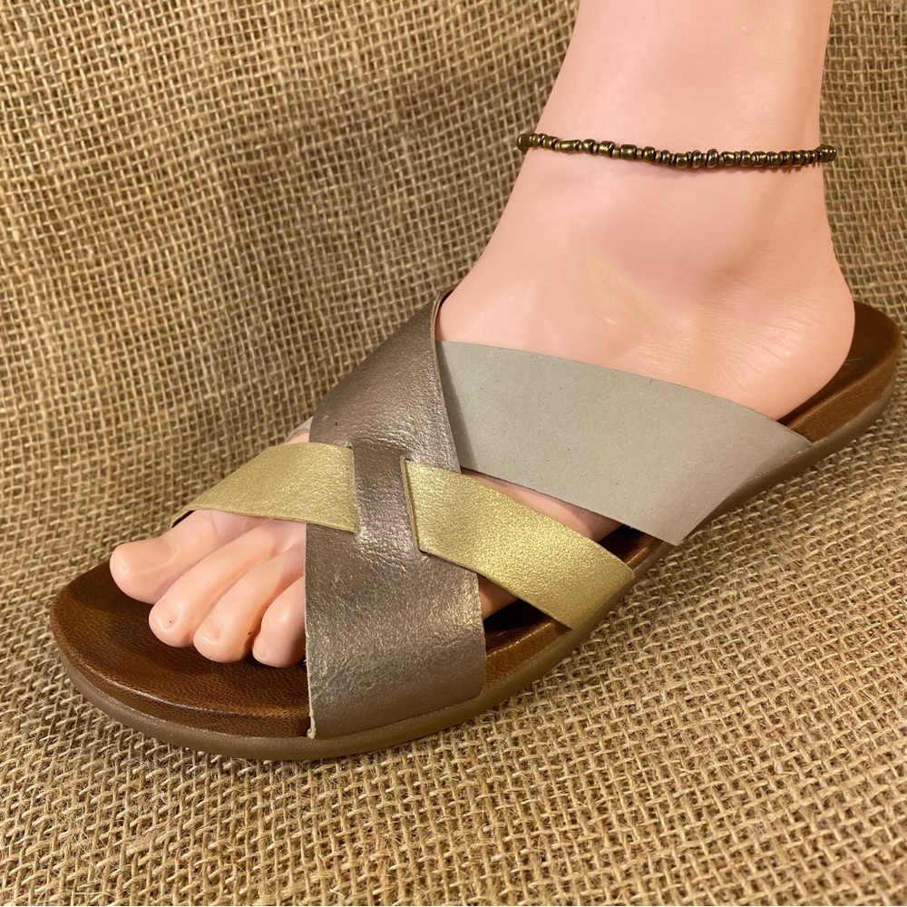 Dansko Sandals Slide Leather Gold Brown Joanna Metallic Slip-On Strappy Size 9